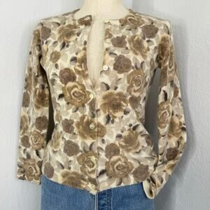 Vintage liz Claiborne Rose Flower Print Wool Angora Blend Cardigan Sweater